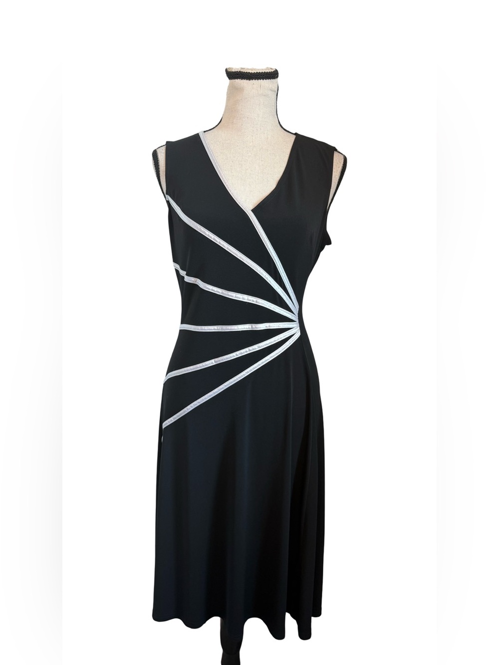 Connected Apparel Black White Contrast Piping Midi Dress Size 10 Sleeveless